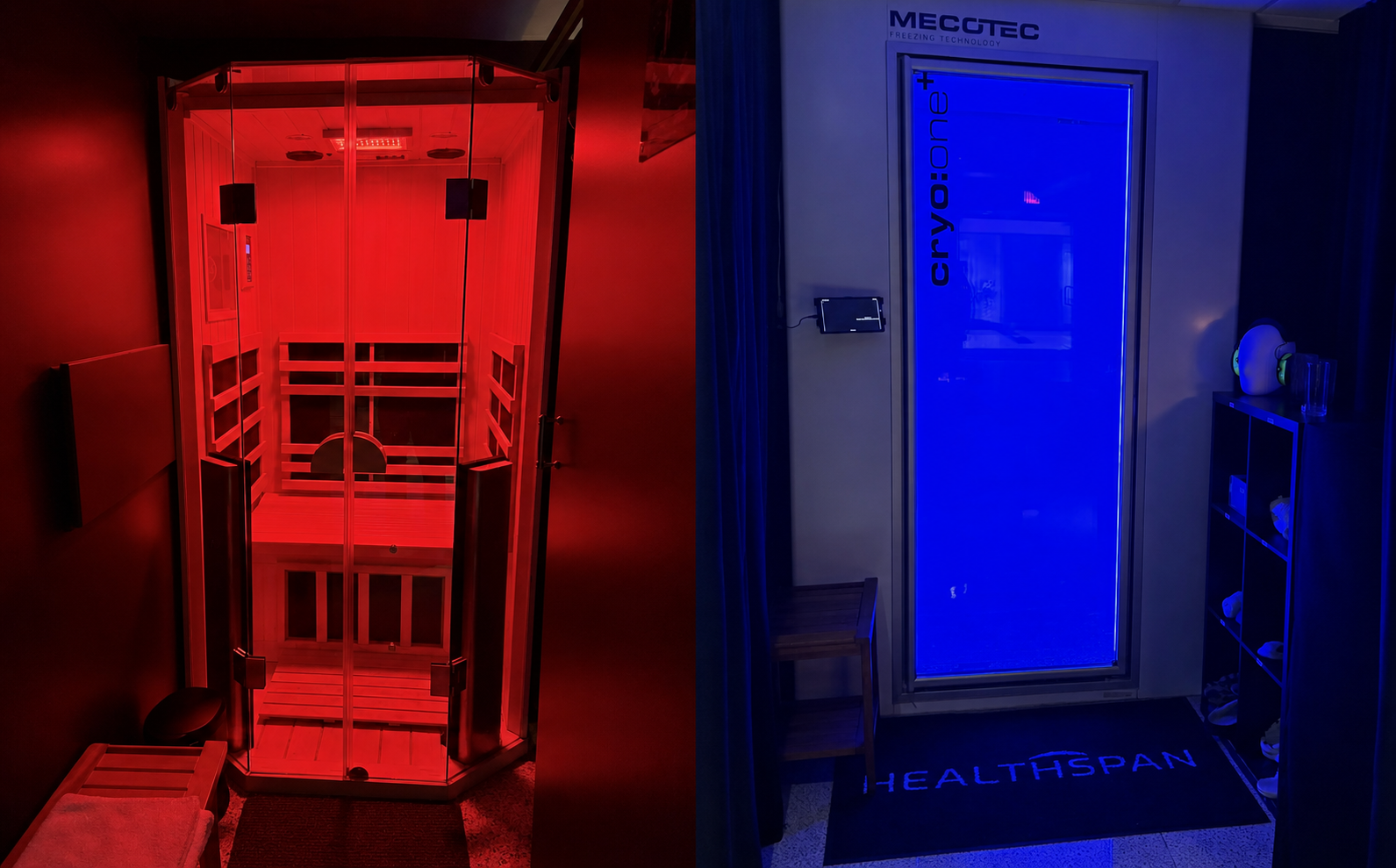 Split view of infrared sauna and whole-body cryotherapy at Healthspan in Brickell, Miami