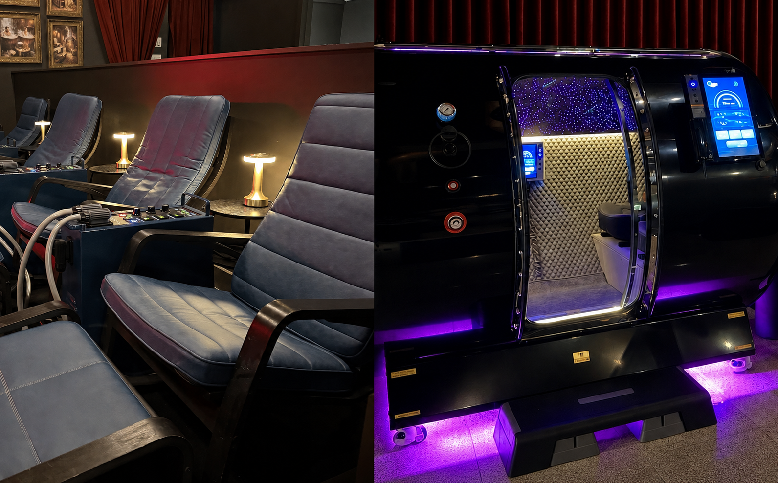 Split view of PEMF therapy chairs and a hyperbaric oxygen chamber at Healthspan in Brickell, Miami