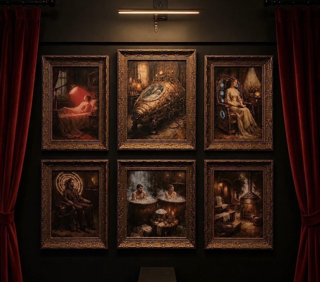 Healthspan's curated wellness artwork displayed between red velvet curtains in Brickell, Miami
